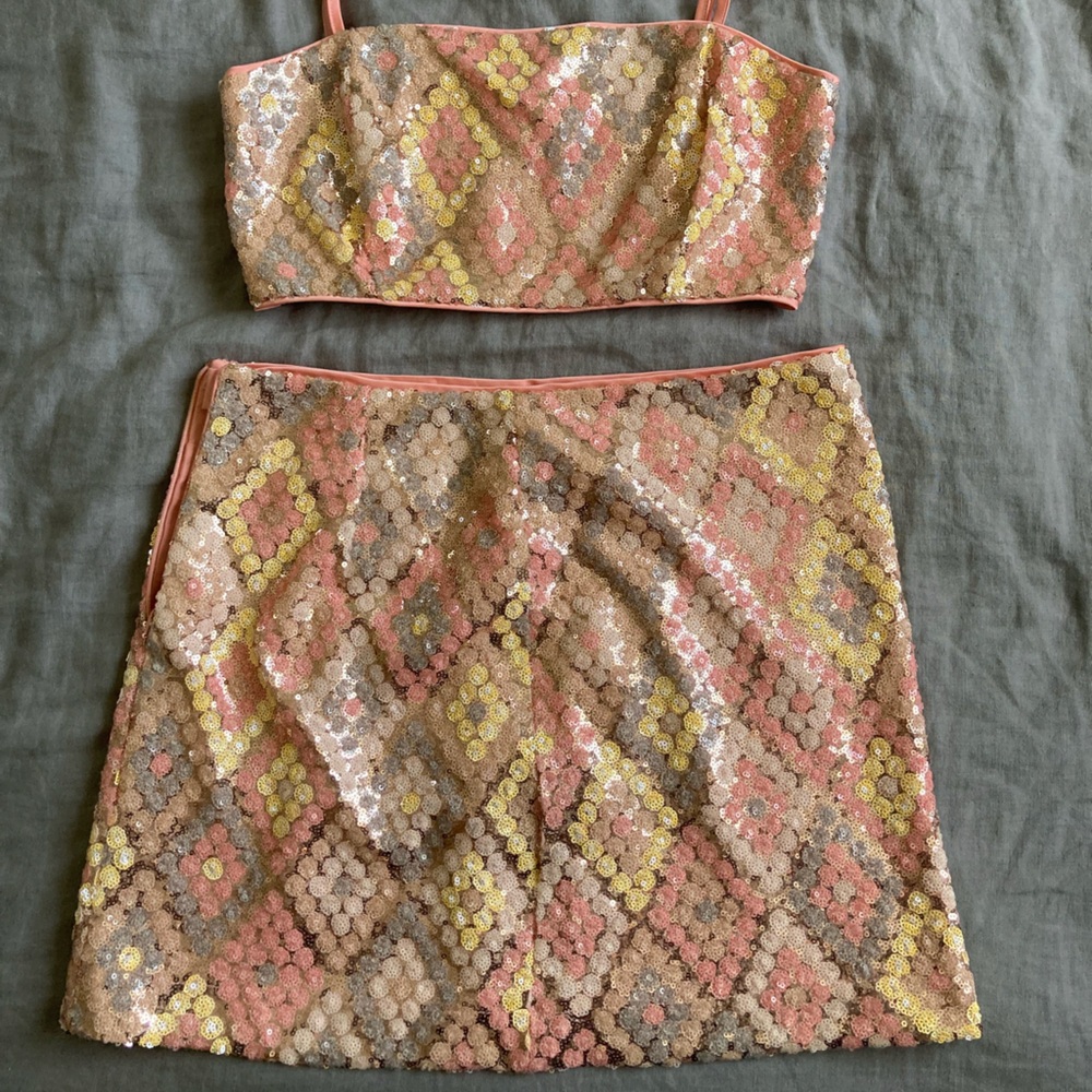 Caroline Constas pink sequin mini skirt set!